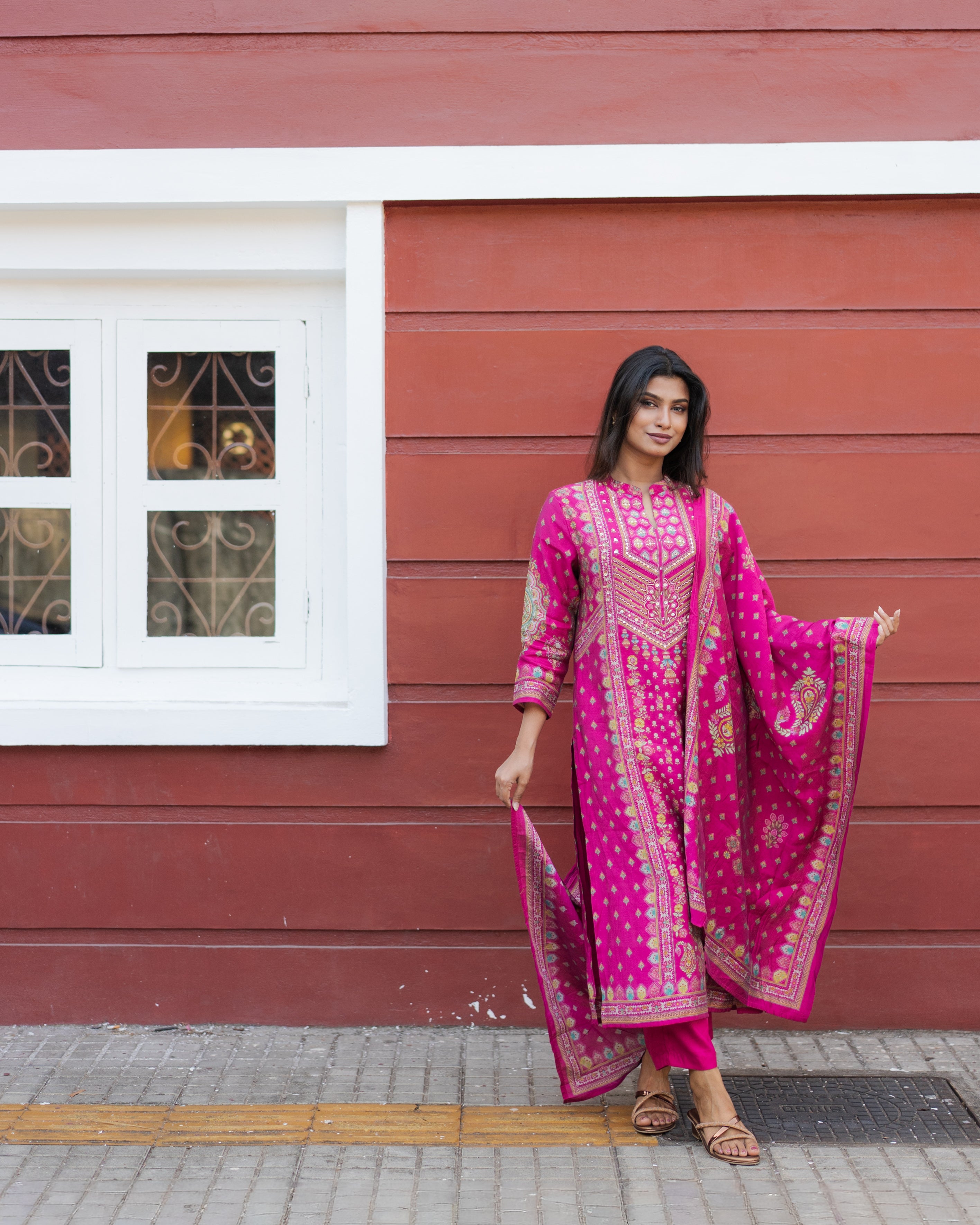 Rani Pink Muslin Silk Kurta Set