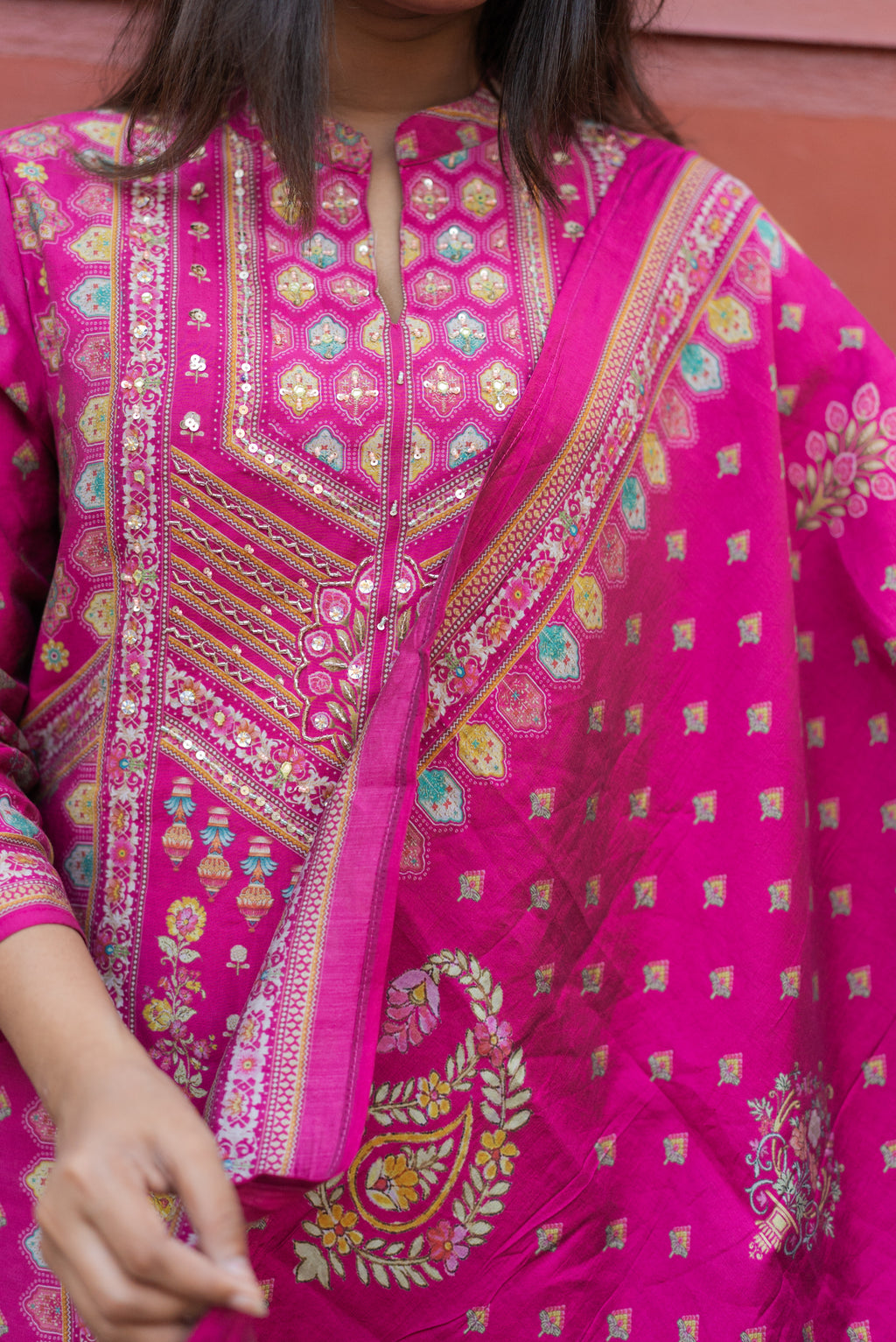 Rani Pink Muslin Silk Kurta Set