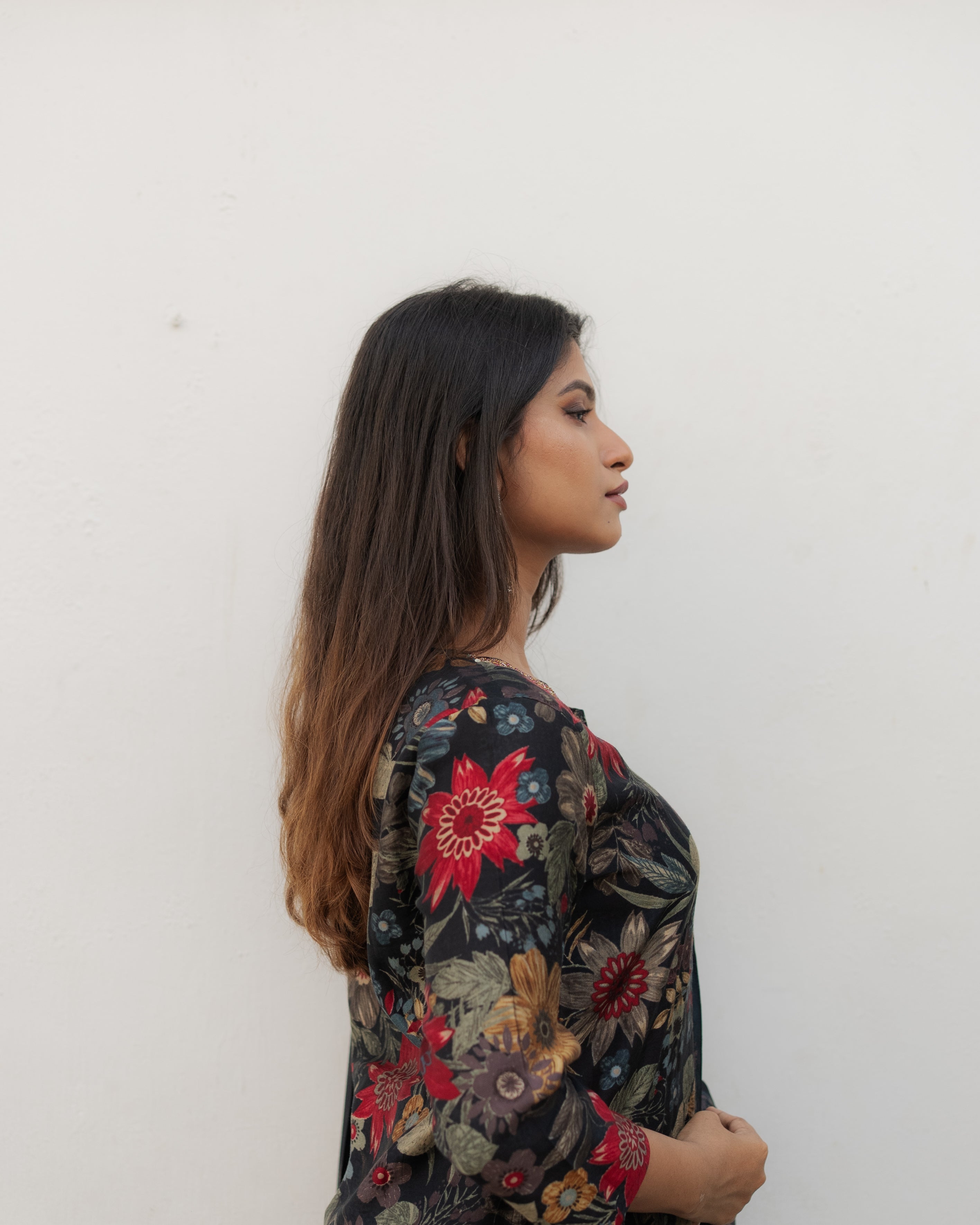 Black Floral Muslin Silk Kurta Set