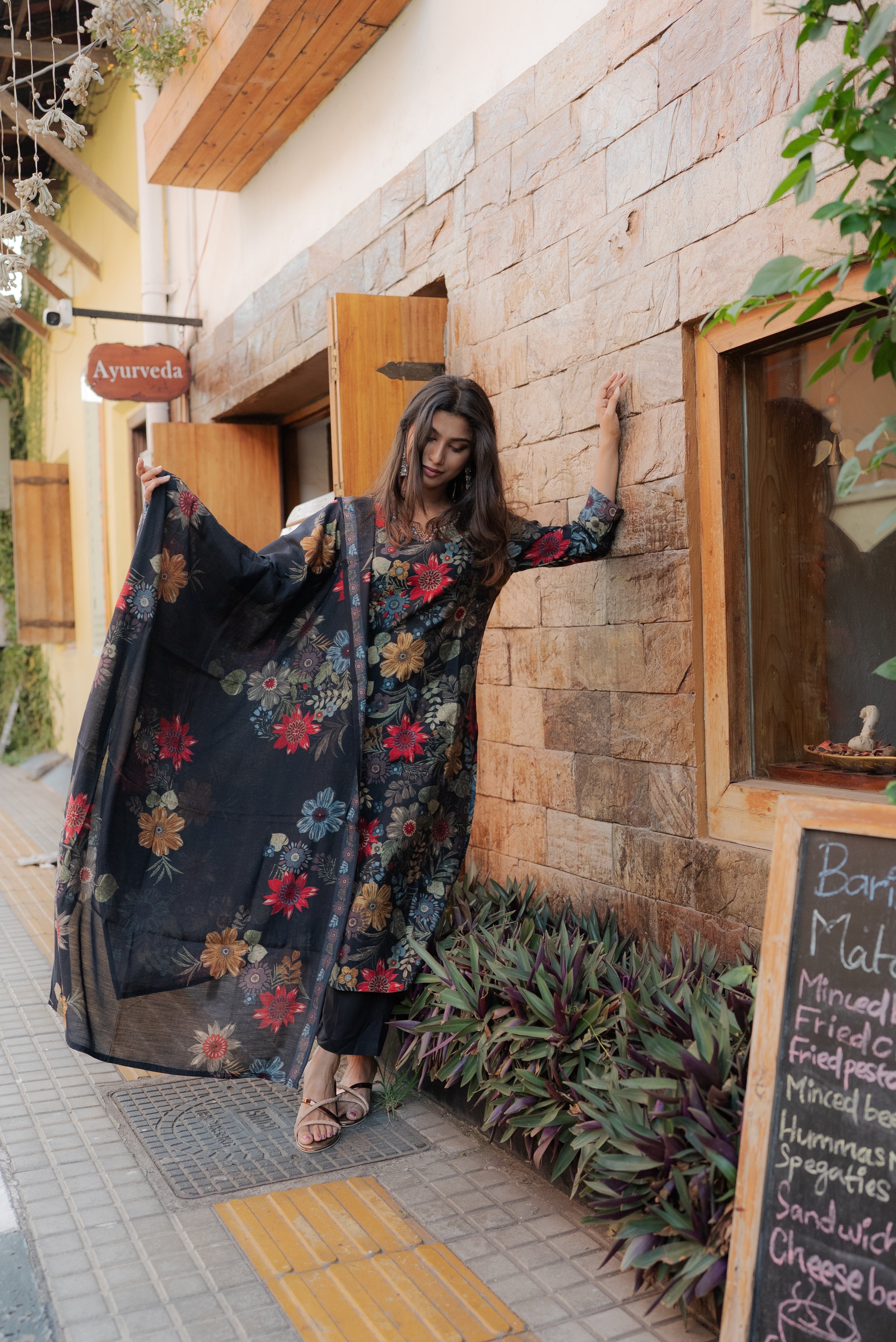 Black Floral Muslin Silk Kurta Set
