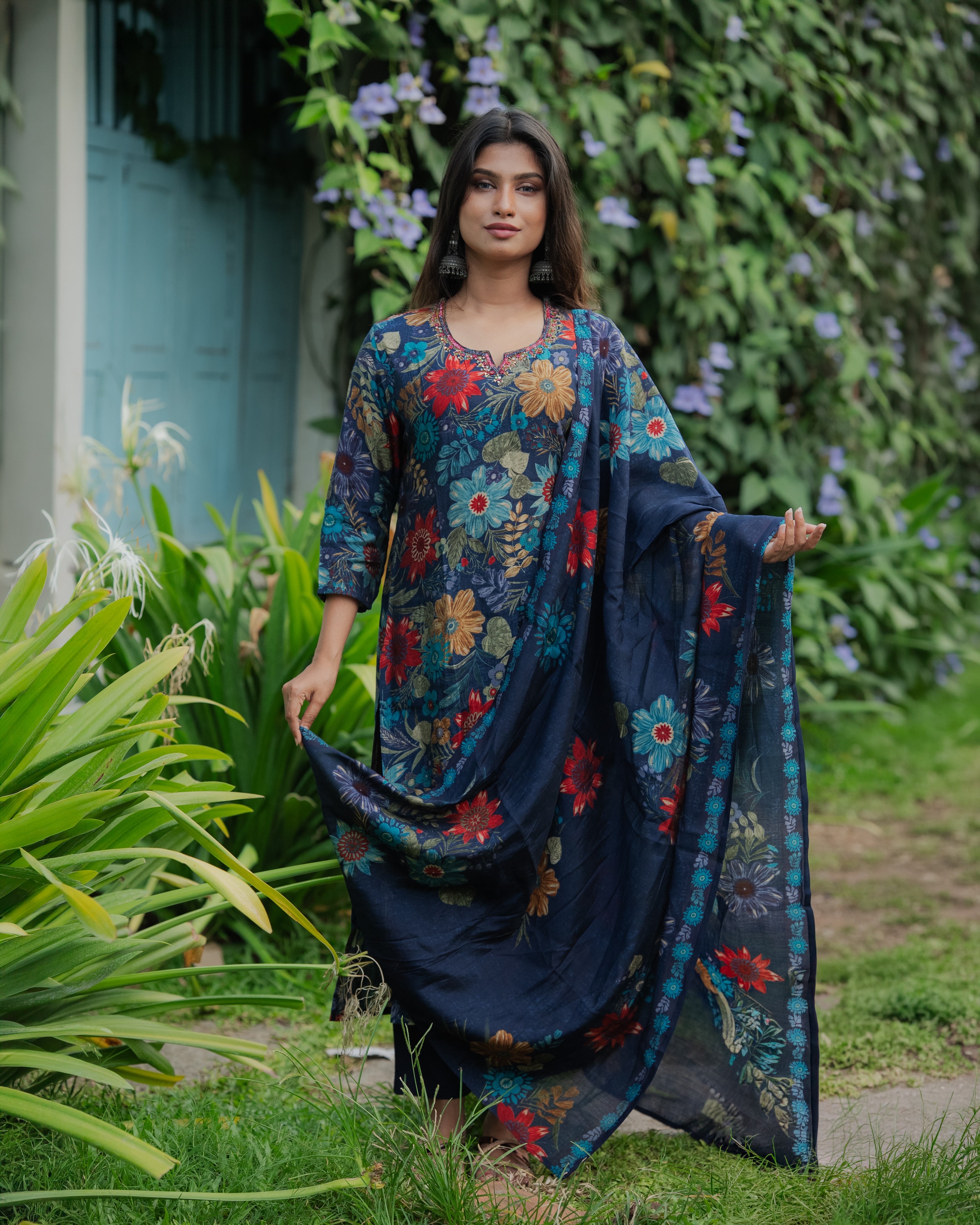 Navy Blue Floral Muslin Silk Kurta Set