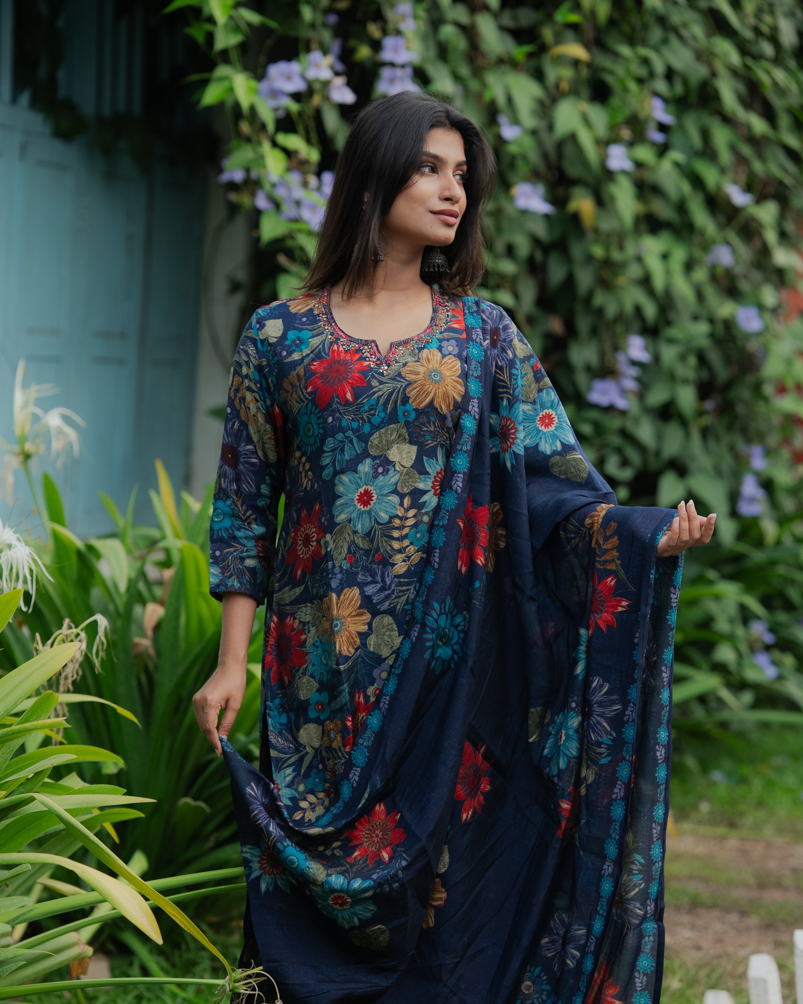 Navy Blue Floral Muslin Silk Kurta Set