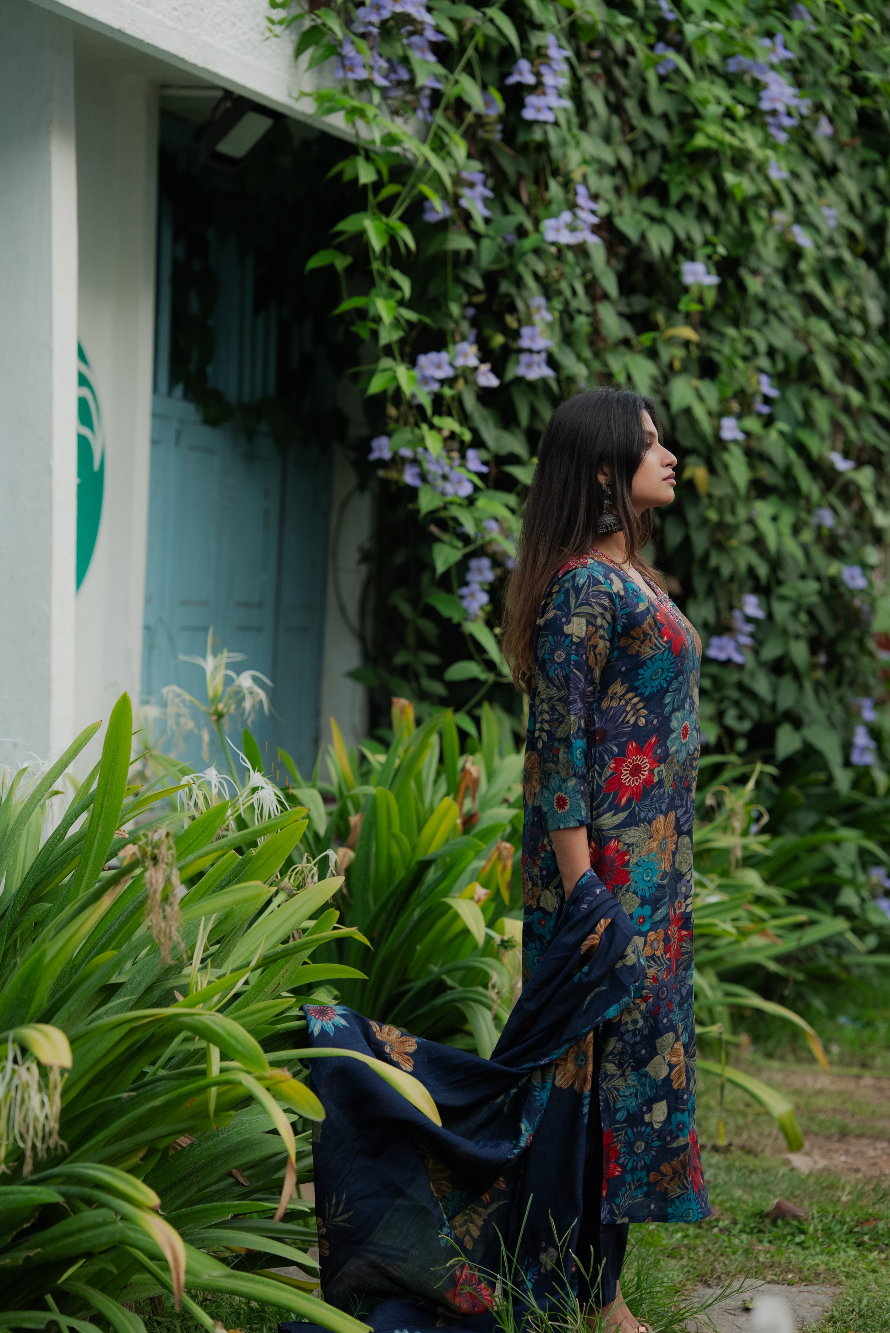 Navy Blue Floral Muslin Silk Kurta Set