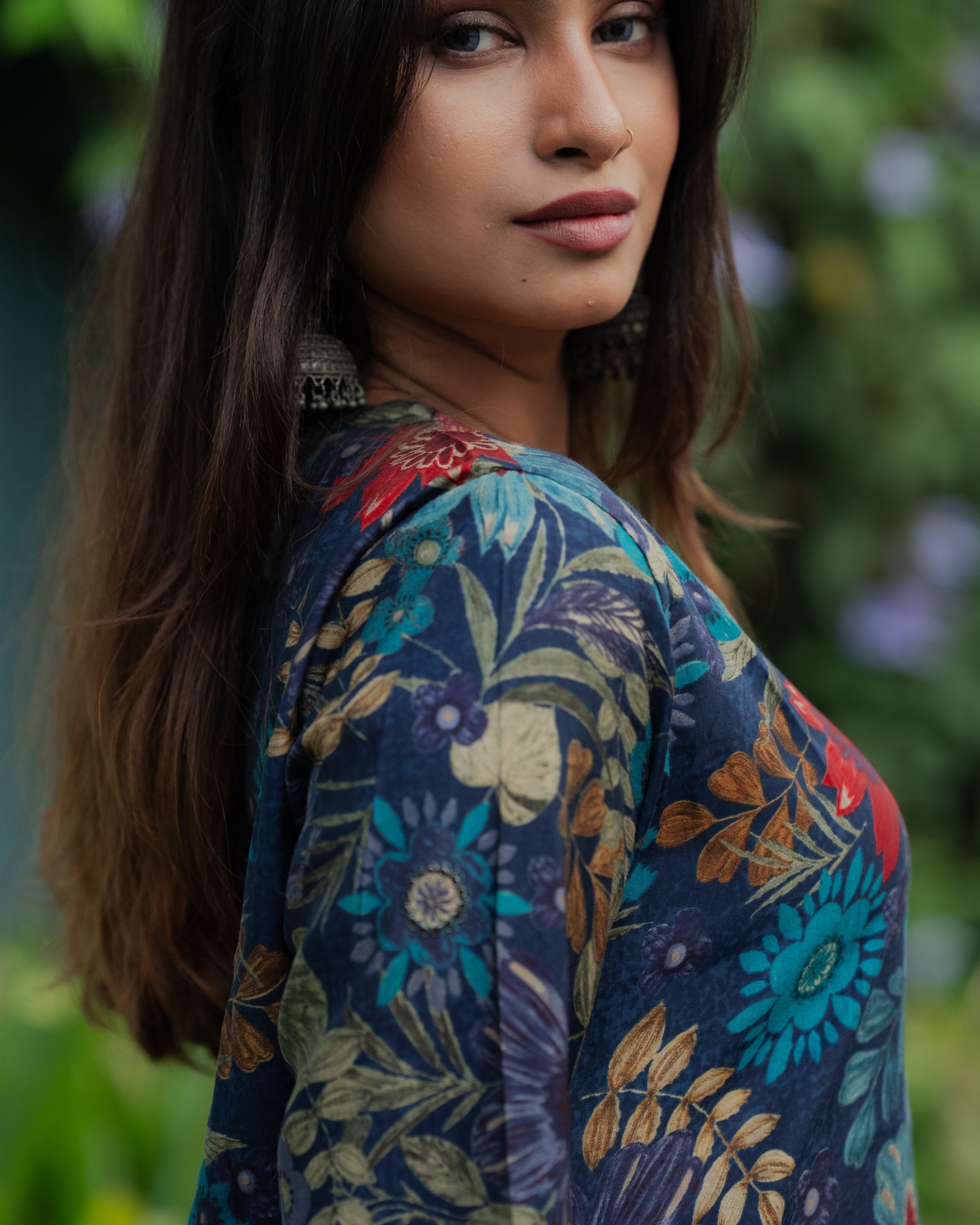 Navy Blue Floral Muslin Silk Kurta Set