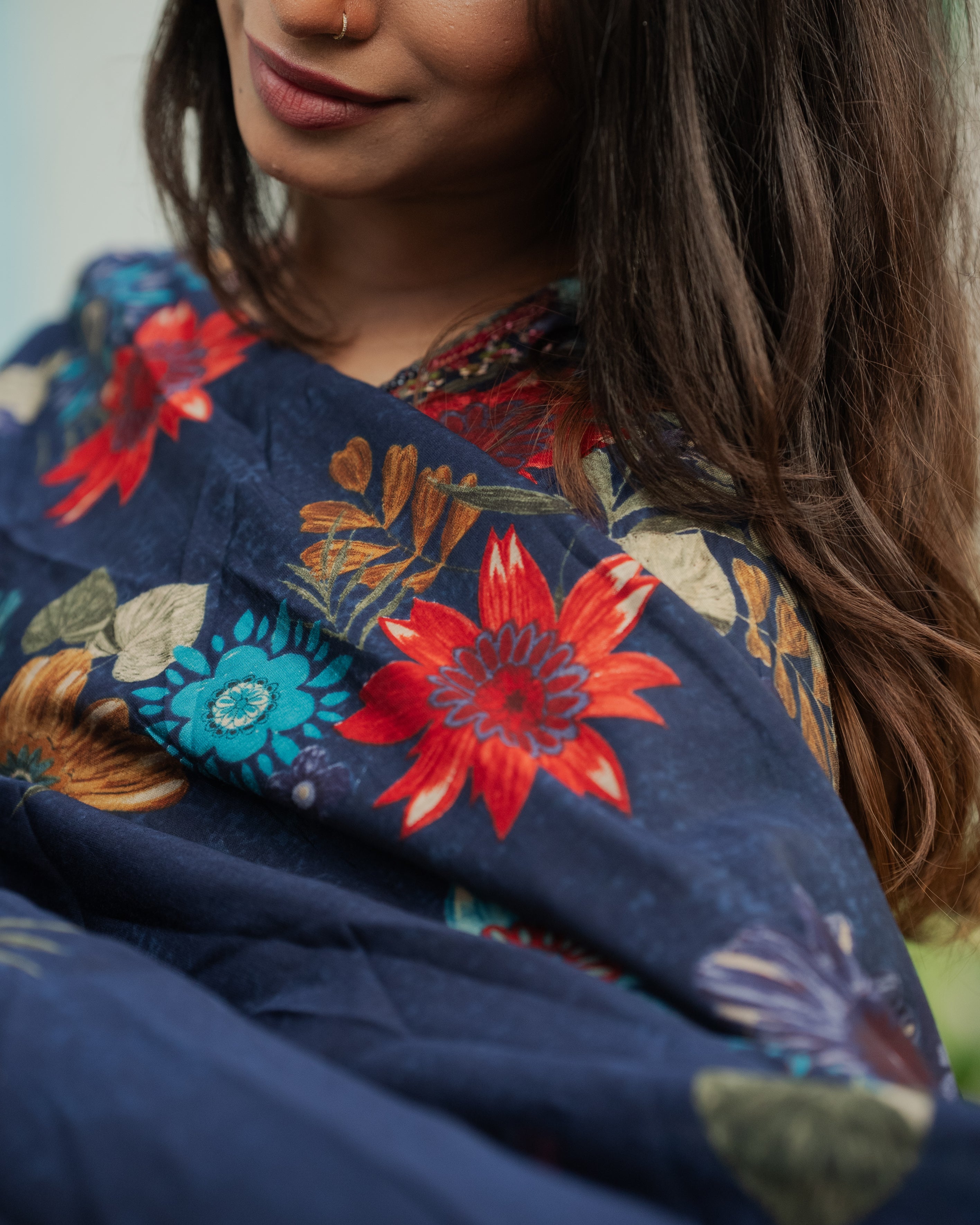 Navy Blue Floral Muslin Silk Kurta Set